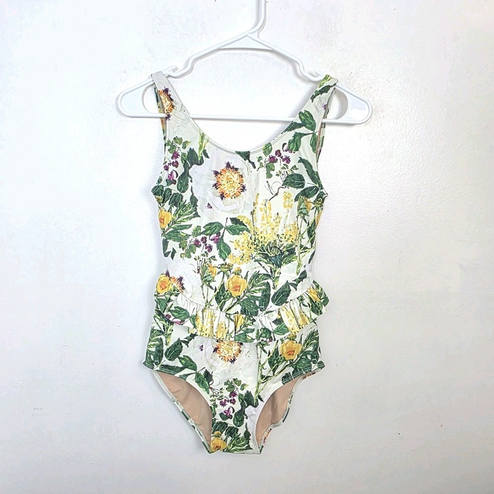Kortni Jeane White Green Floral Tropicalβ Ruffle One Piece Bathing Swimsuit XS